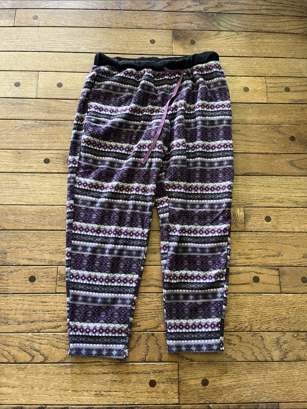 Cuddl Duds Purple Patterned Fleece Lounge Pants with Pink Drawstring
